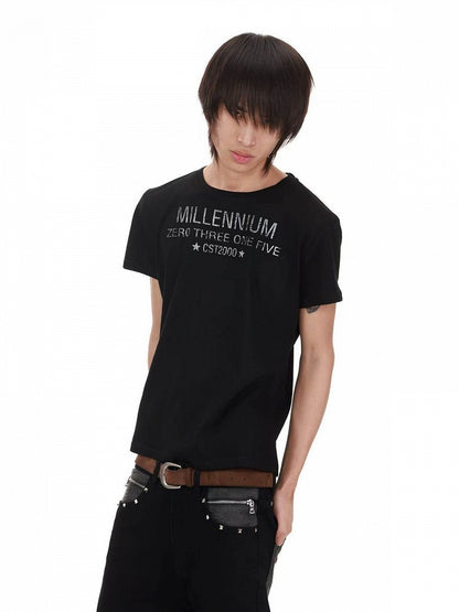 Black Round Neck T-Shirt with Letter Print - DETW OnLine