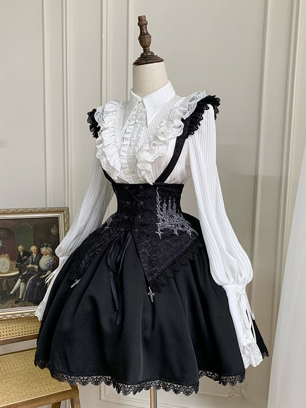 Umschlagbares Lolita-Hemd mit langen, spitzen Ärmeln und weißem Gothic-Kragen