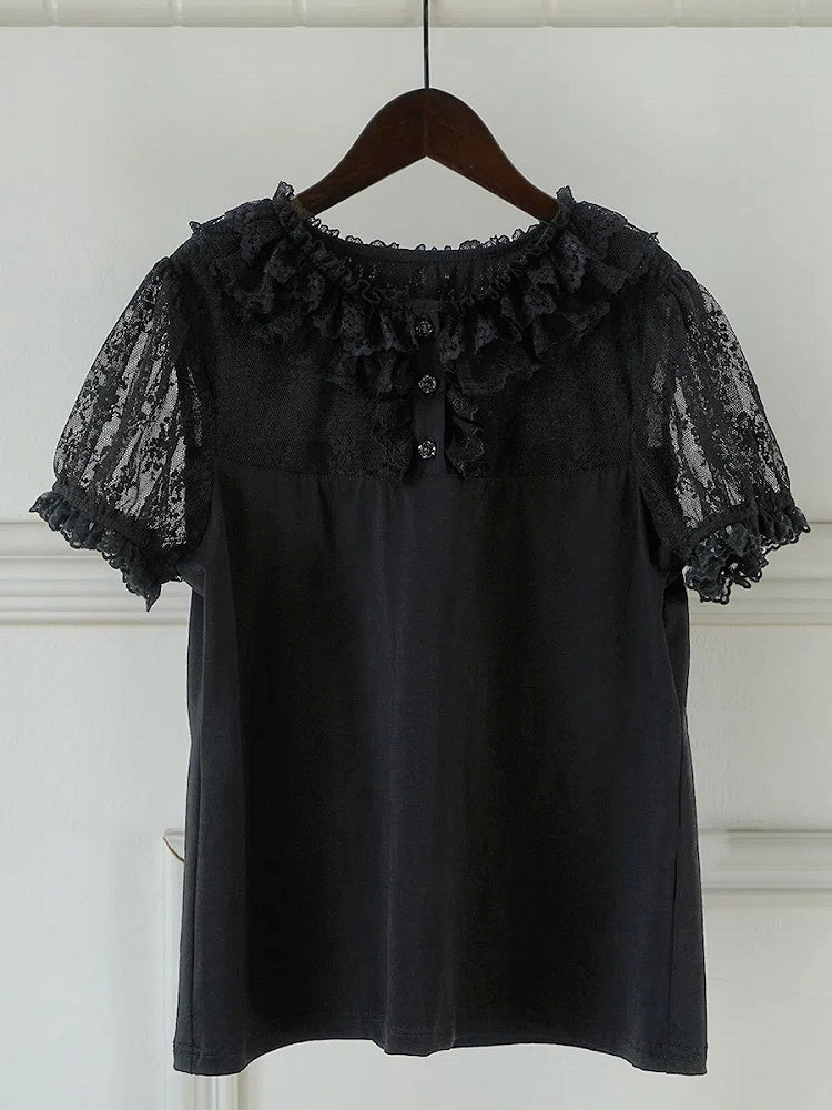 レイヤーカラーチュールロリータショートブラックスリーブブラウスダブル