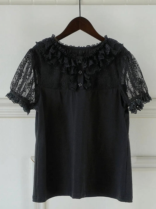 レイヤーカラーチュールロリータショートブラックスリーブブラウスダブル