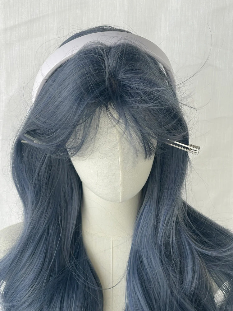 with Bangs Wavy Dusty 65CM Blue Wig