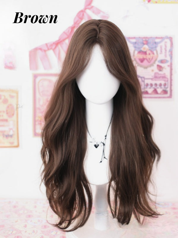 Dark Brown Under Bust Length Wavy Wig with Curtain Bangs