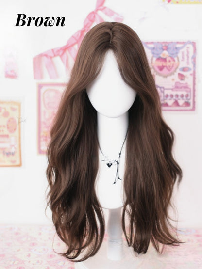 Dark Brown Under Bust Length Wavy Wig with Curtain Bangs