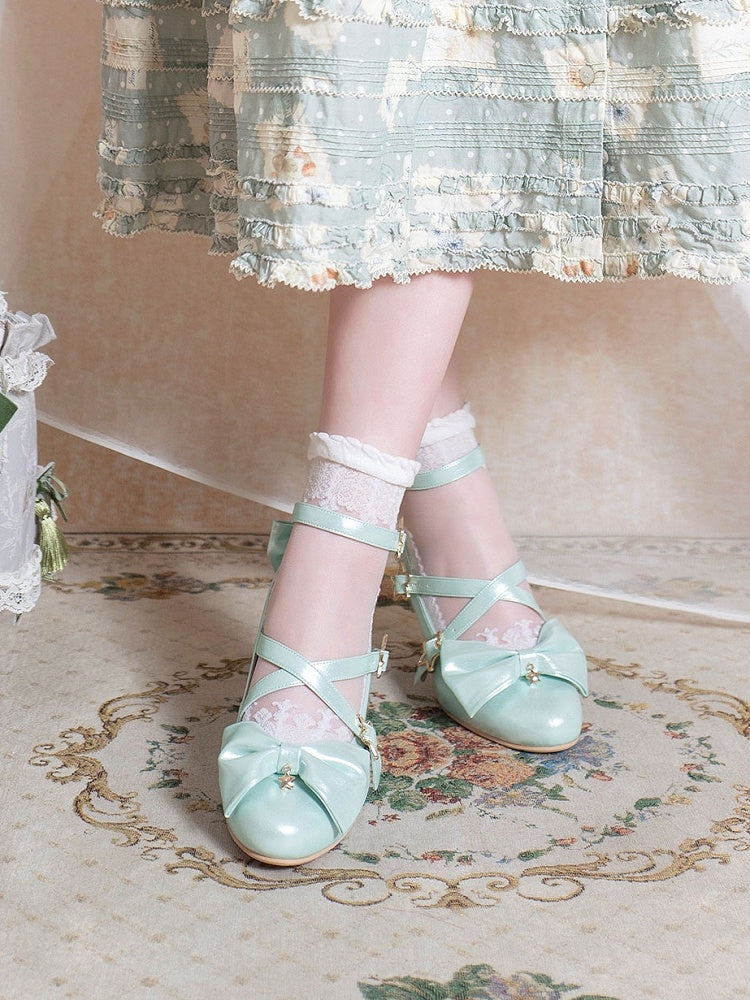 Straps - Sweet 6.5cm Bow Lolita Crisscross with Star Buckle Style Heel Shoes Green Accents