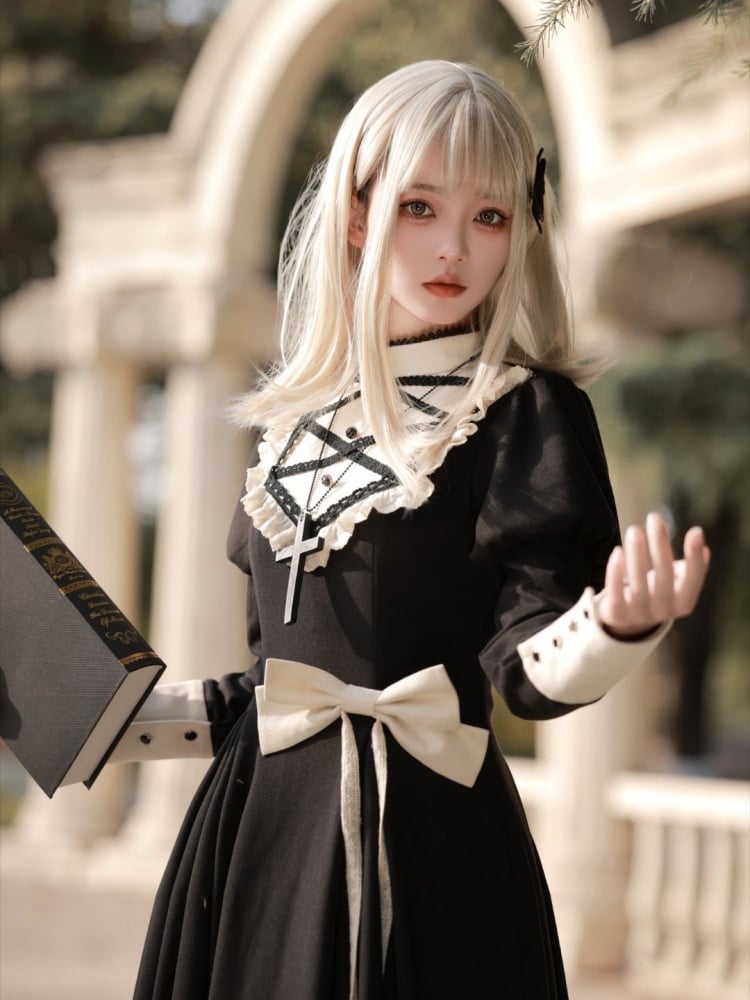 Schwarzes elegantes Juliette-Ärmelkleid Nonne Lolita Langarm Einteiler