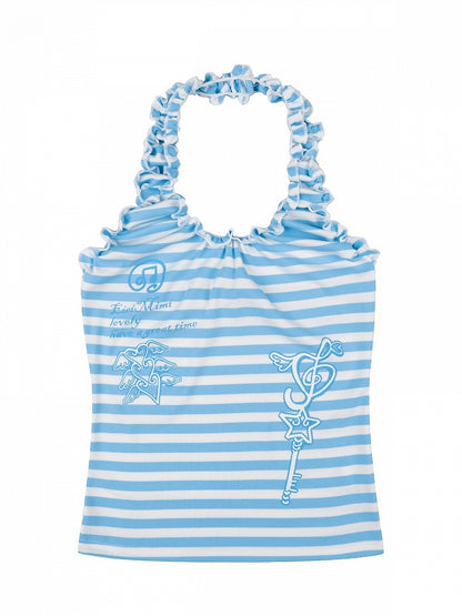Blue Striped Tank Top with Ruffle Trim and Key Print - Languid Park