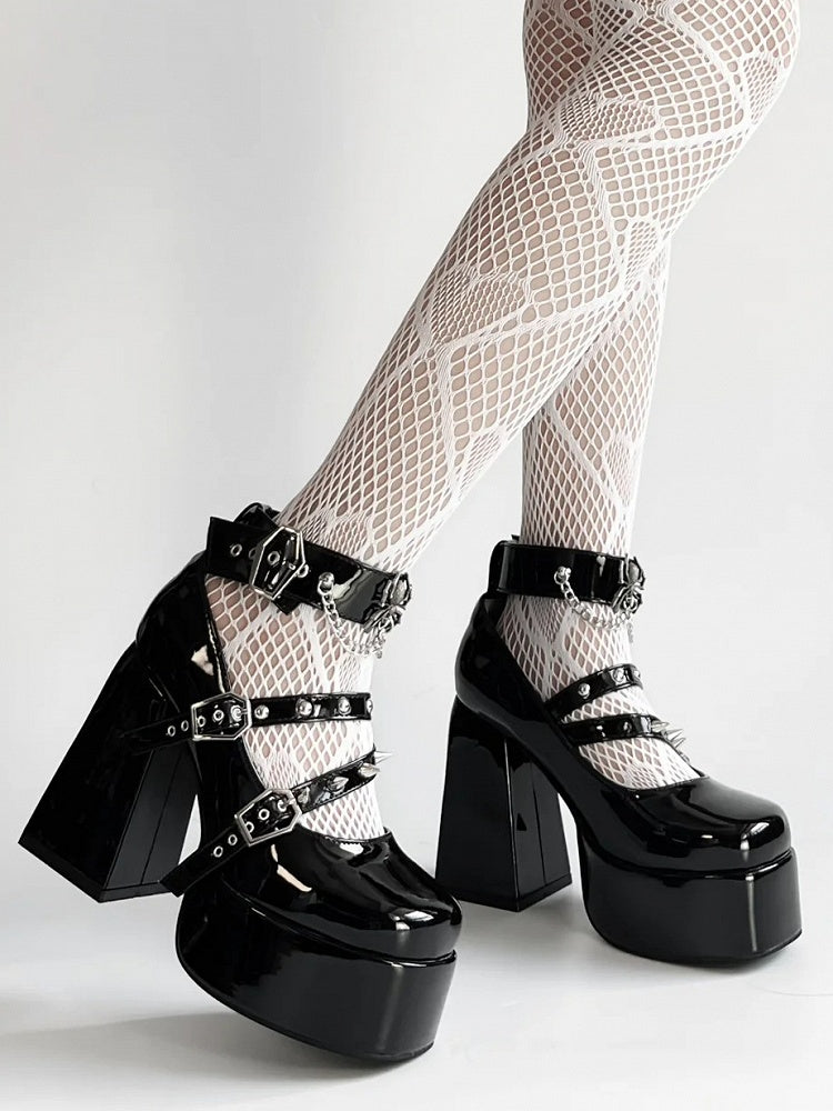 Studded Polished Coffin-Shaped Spider High Block - Black Accents Platform Details Heels Buckle Gothic with