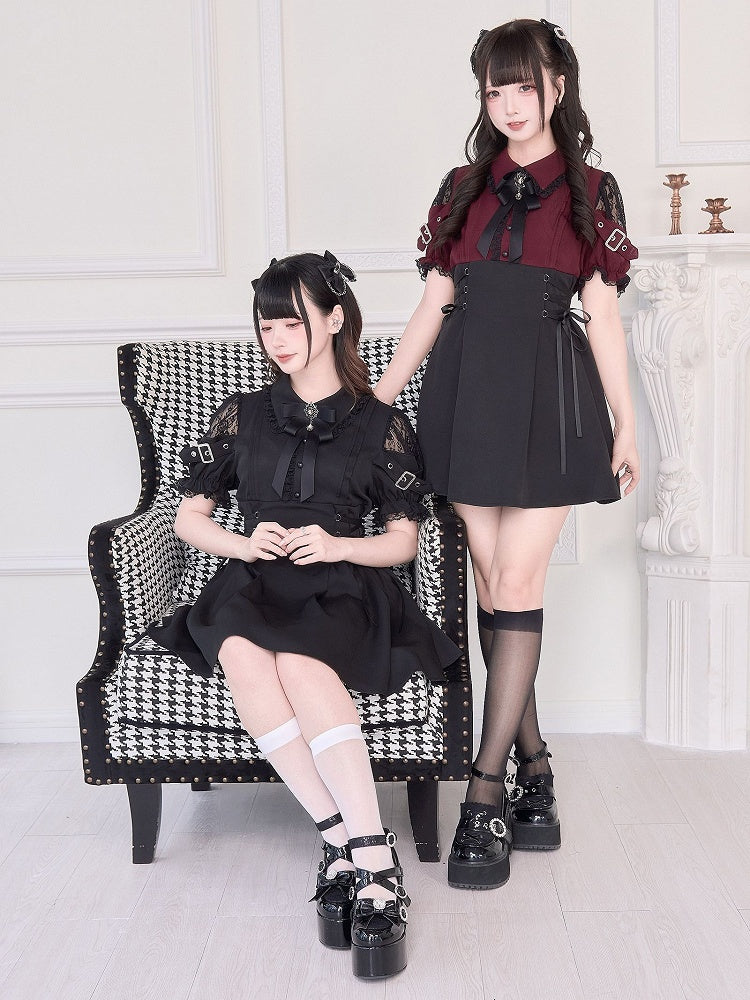 Jirai Kei – Rotes Kleid mit hoher Taille und Kunstschnürung, Schwarz/Schwarz, zweiteilig