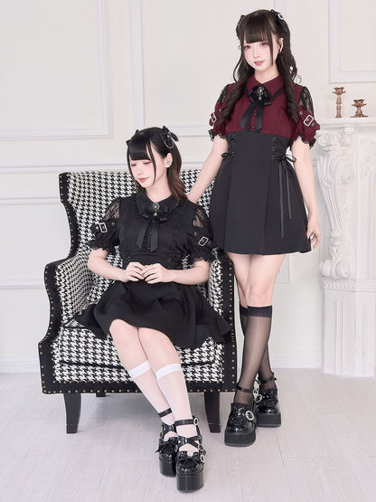 Jirai Kei – Rotes Kleid mit hoher Taille und Kunstschnürung, Schwarz/Schwarz, zweiteilig