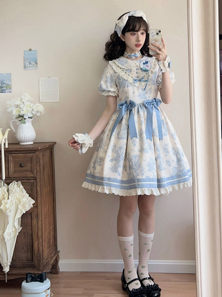 Dress Print Collar Blue Lolita Pan Short Sleeves Grapes Peter