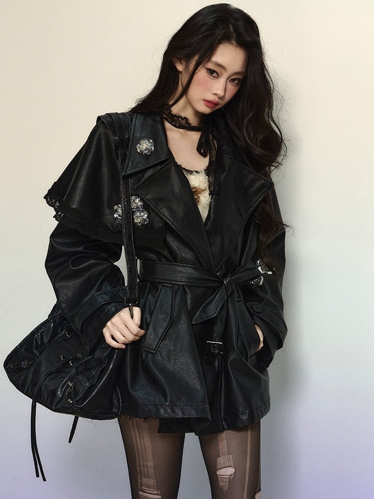 ブラックフローラルノッチカラーPUブレザー