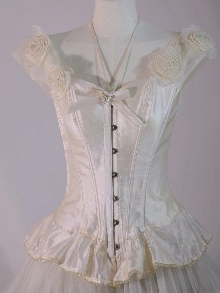 and Accents with Rose Corset Beige Bow Ribbon Lolita Top Shoulder