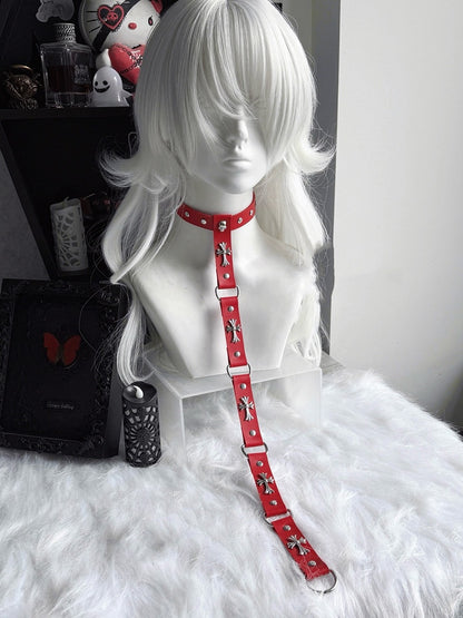 Chain Choker Punk Black/Red PU Cross Embellished Stud and