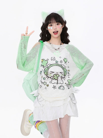 Knit Print with Distressed Semi-Sheer Kawaii Top Green Cat Holes and