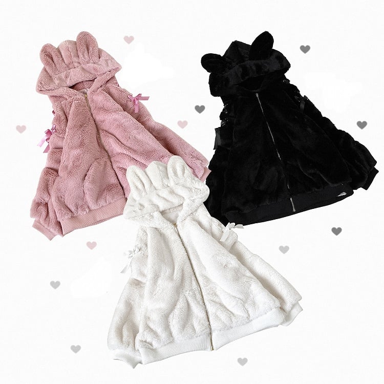 Pink Jirai Kei Plush Zip Hoodie with Bunny-Ear Hood