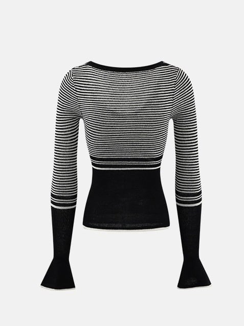 Gray Striped Long Sleeve Shirt with Scoop Neckline - Low pixel