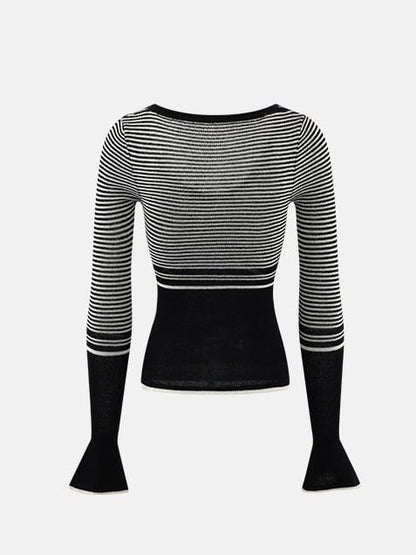 Gray Striped Long Sleeve Shirt with Scoop Neckline - Low pixel