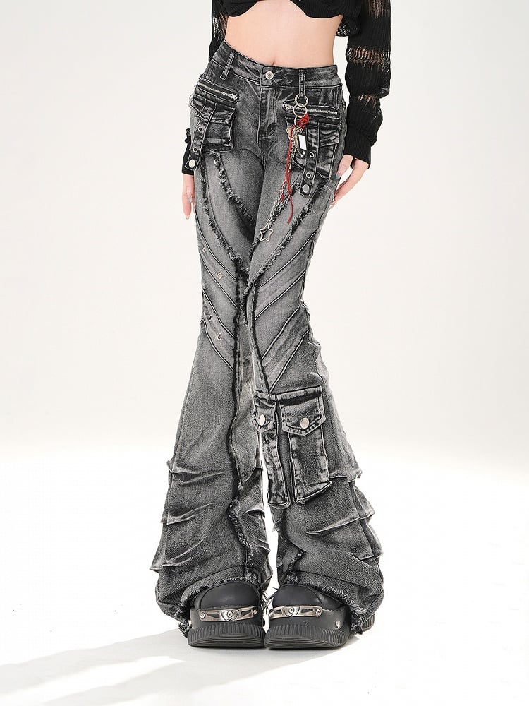 Wash Flared Jeans Cargotaschen Roher Saum Distressed Faded Schwarz