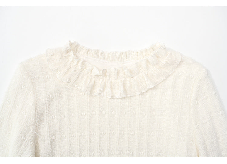 Beige Ruffle Neckline Long-Sleeve Top
