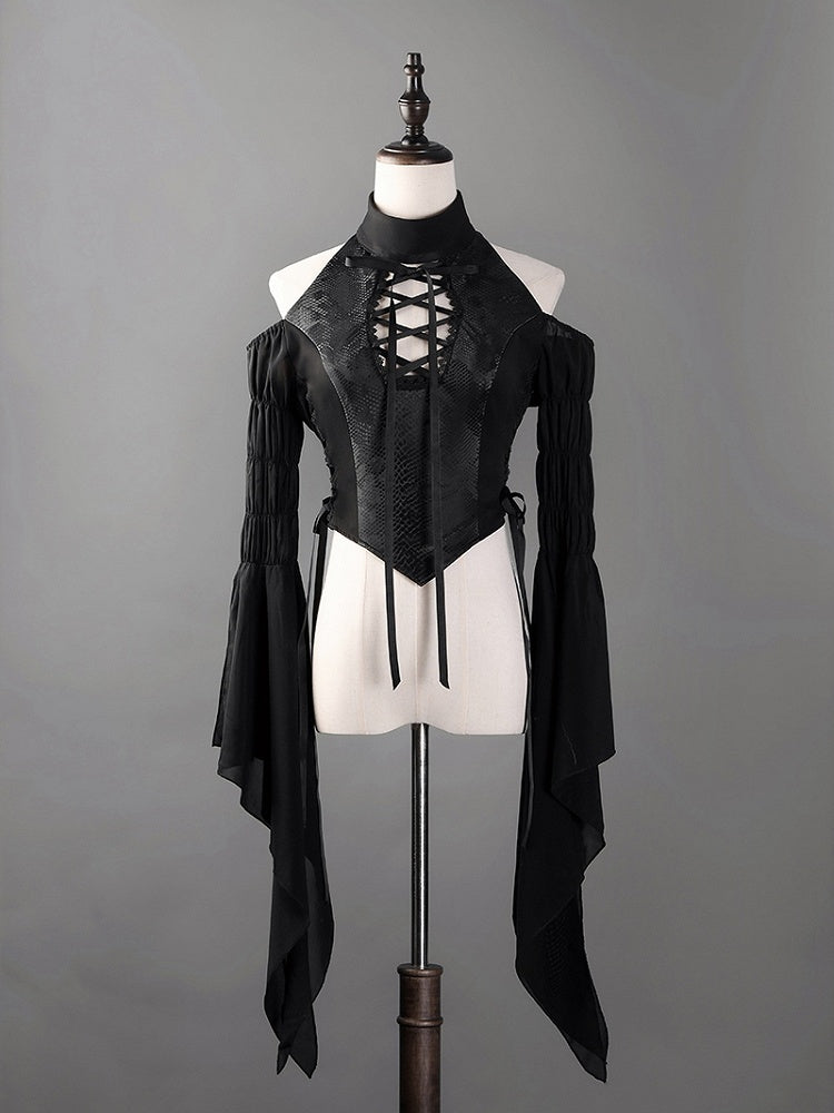 Black Open Shoulders Gothic Lolita Snakeskin Grain Top