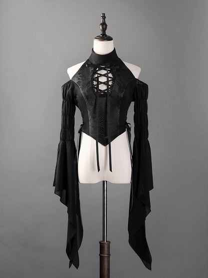 Black Open Shoulders Gothic Lolita Snakeskin Grain Top