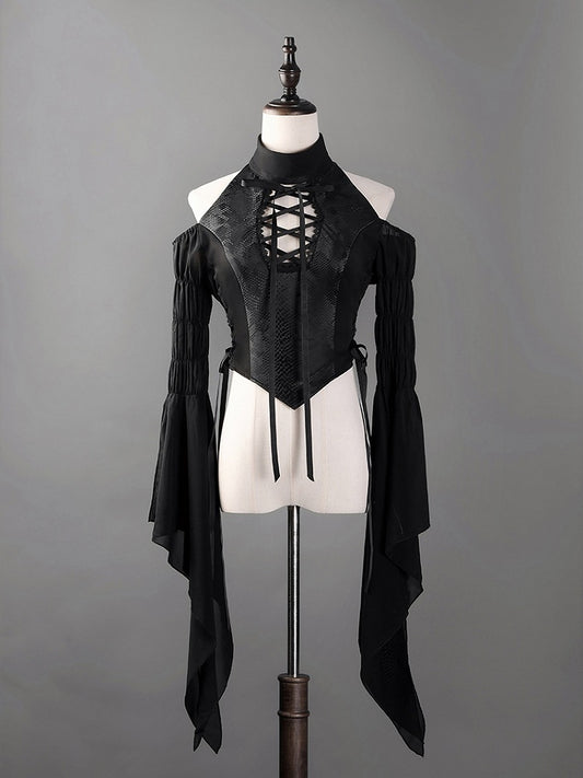 Black Open Shoulders Gothic Lolita Snakeskin Grain Top