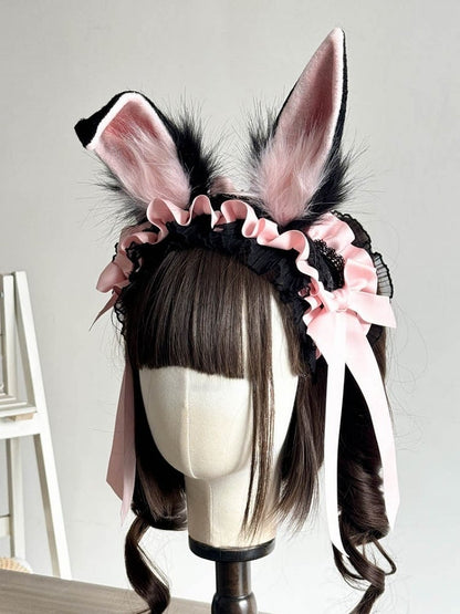 Rosa Ohren und rot/pink/schwarzes Kaninchen Daisy mit Haarband Dekoration Lolita Spitze