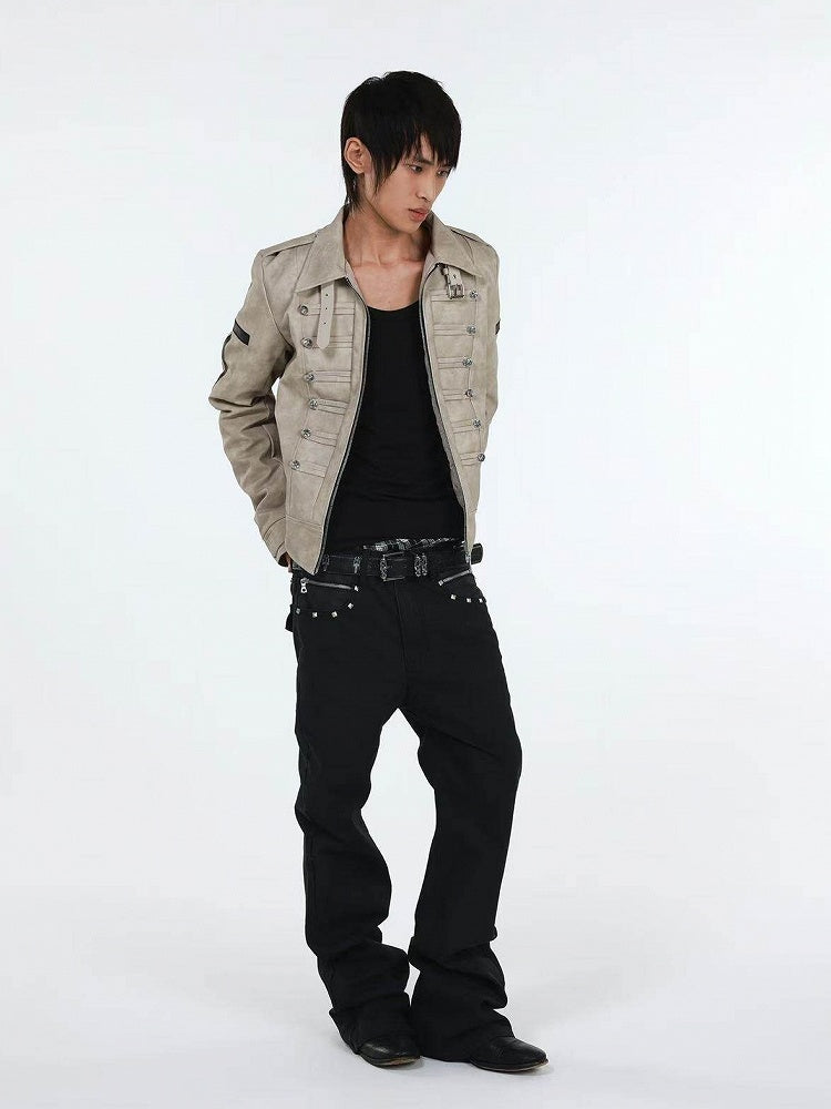 Genderless Punk Milk White Double-Breasted Decorative Faux Leather Jacket with Cross Pattern - DETW OnLine