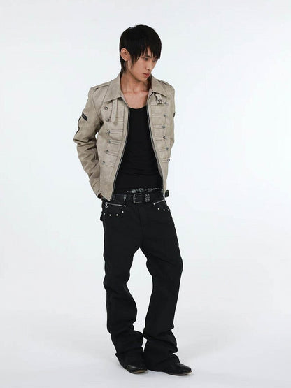 Genderless Punk Milk White Double-Breasted Decorative Faux Leather Jacket with Cross Pattern - DETW OnLine