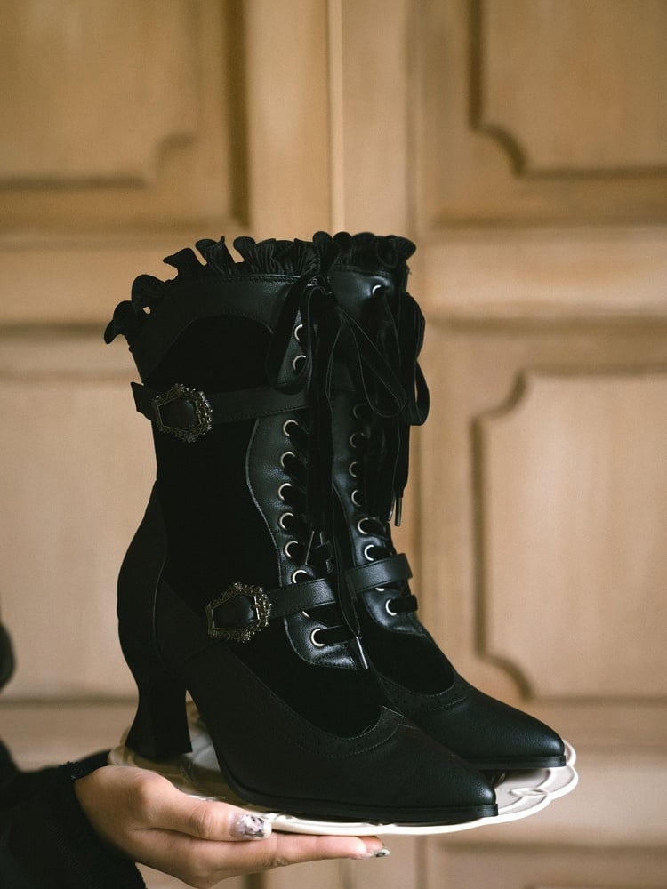 Embossed 7.3CM High Heel Boots with Metal Buckle and Lace Gothic Details - Lacy Bones
