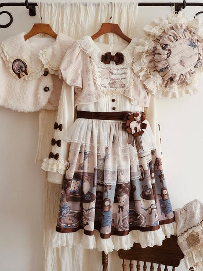 Trims Beige with Dress Brown Lolita Round Print Home Sheep's Sweet Neck Lace