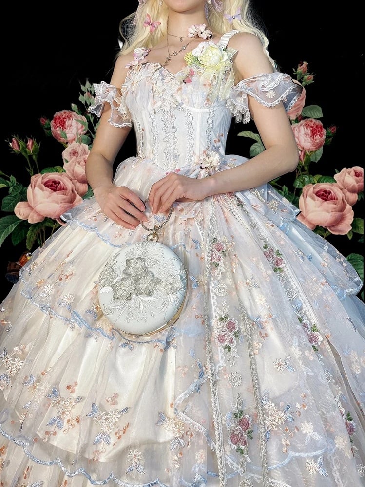 Wrist Full Painting-Inspired Apricot Lolita Skirt + Set Short Elegant Embroidered Cuffs Hanayome JSK - Oil Extension Large Floral Dress White Bow Brooch