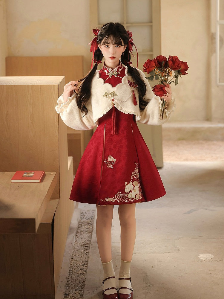 Red Floral Embroidered Chinese Dress with Plush White Top for Cold Seasons - Han Ru Chu Hanfu & Han-Element Studi