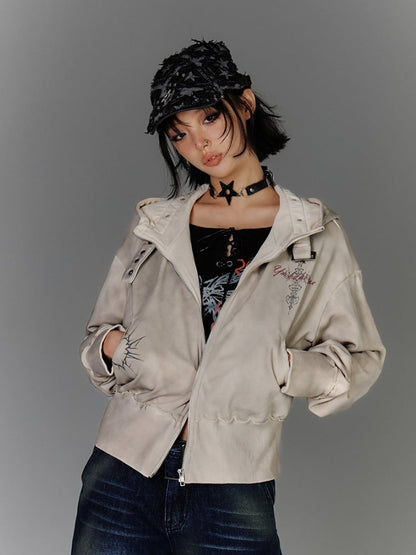 Strap Apricot Distressed Zip Closure Hoodie Wasteland Buckle Punk