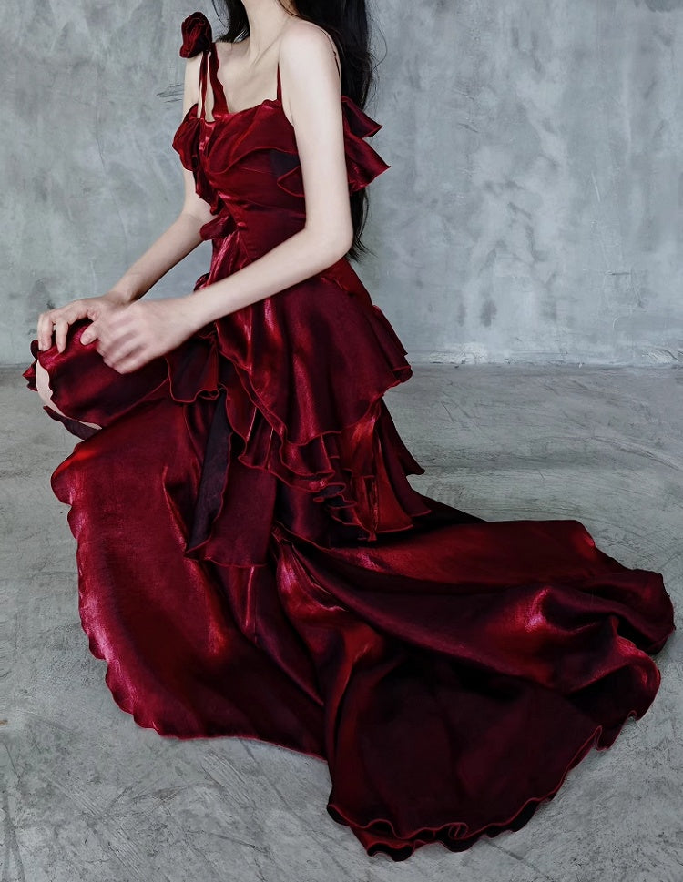 Evening Gown Red Shimmer Flounce Spaghetti Strap Prom - Eas Candy