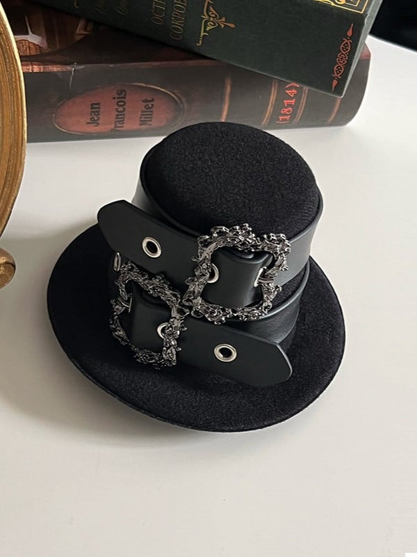 Black Lolita Mini Hat with Metal Buckle Accents - With PUJI