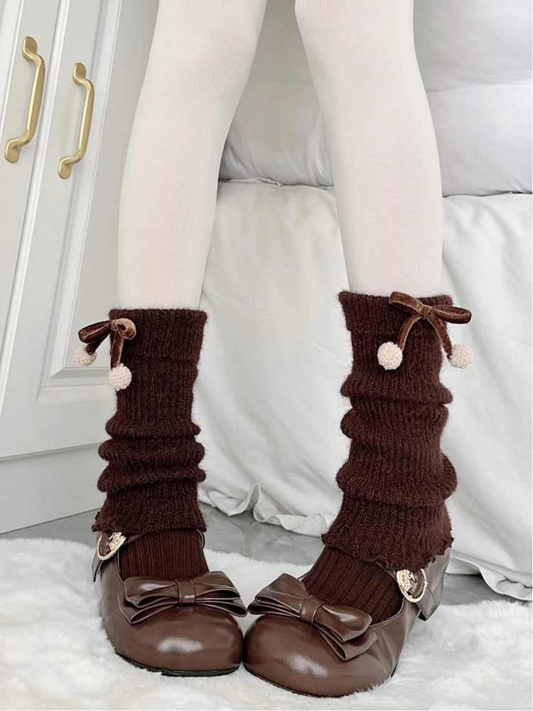Warmers Accents Style) Coffee Ribbed with Sweet Velvet Bow Pom-Pom (Snuggly Leg Light