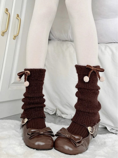Warmers Accents Style) Coffee Ribbed with Sweet Velvet Bow Pom-Pom (Snuggly Leg Light
