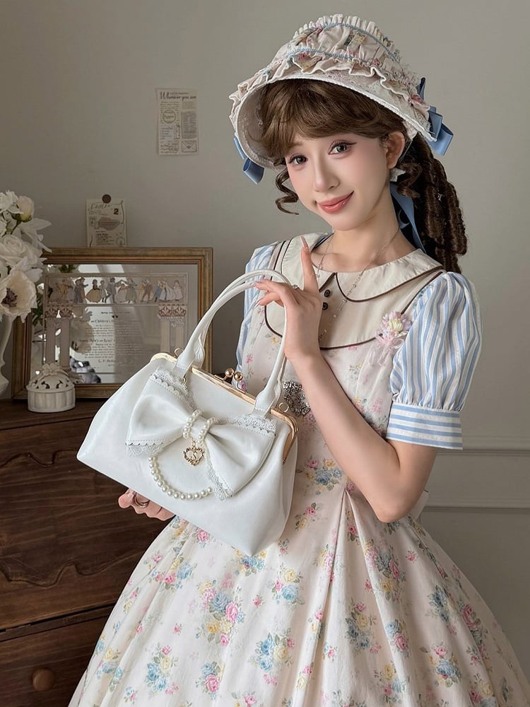 Ivory Classic Lolita Purse with Pearl Link and Ribbon Bow - Sheep Puff Bag