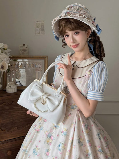 Ivory Classic Lolita Purse with Pearl Link and Ribbon Bow - Sheep Puff Bag