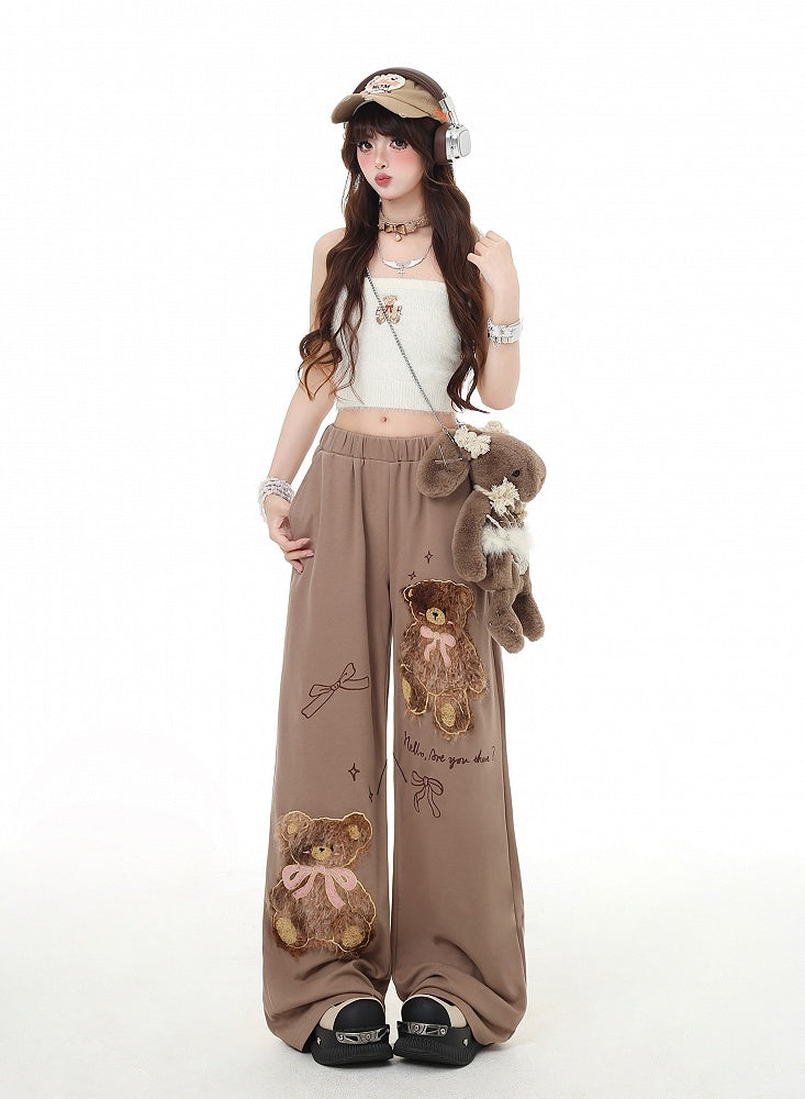 Kaffee/Graue Plüschhose mit Teddybär-Applikation und geradem Bein