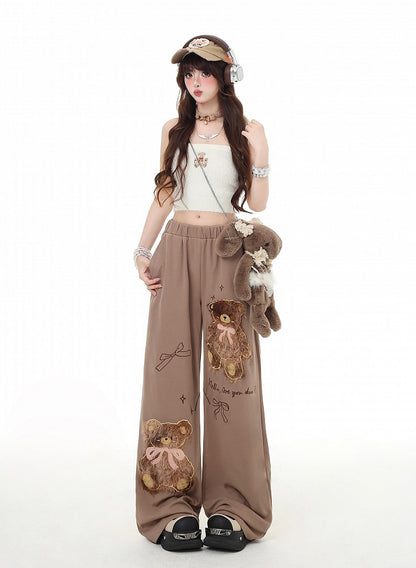 Kaffee/Graue Plüschhose mit Teddybär-Applikation und geradem Bein