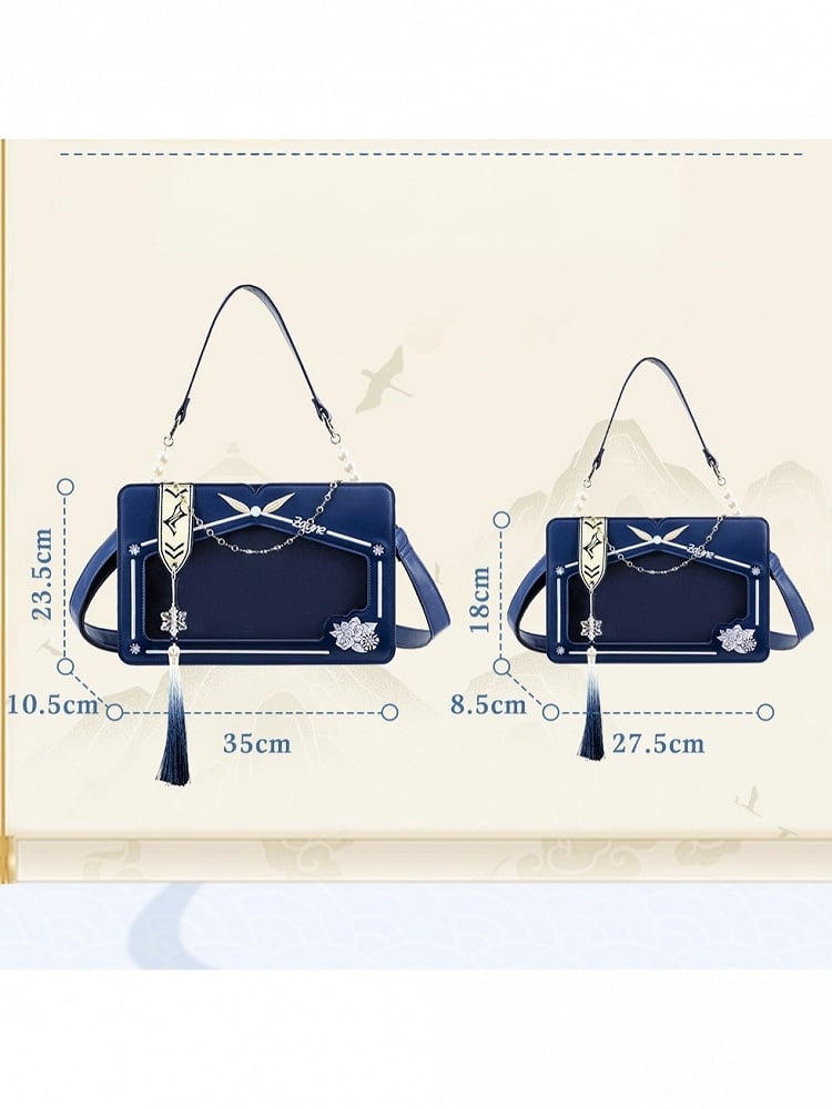 Blue Transparent Window Embroidery Ita Bag with Beaded Tassel - thejunco