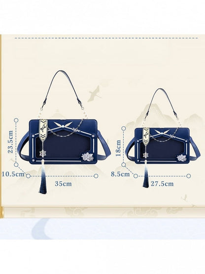 Blue Transparent Window Embroidery Ita Bag with Beaded Tassel - thejunco