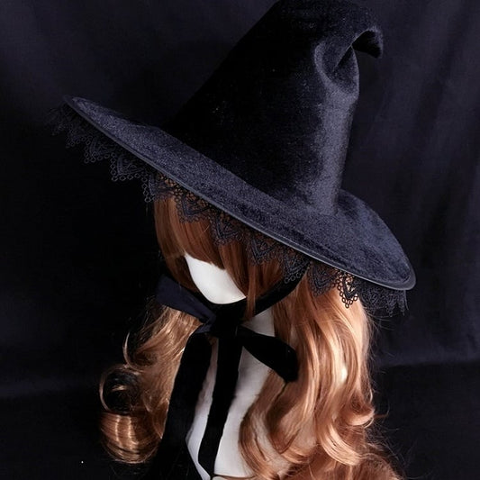 with Lace Trim Pointed Details Witch Brim Black Hat