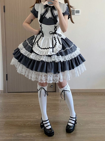 Gray Striped Lace OP Dress with Apron - Delusions Studio