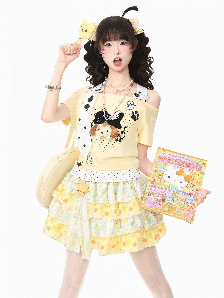 Halter Top with Kitten Embroidery & Polka Dots, Yellow, Short Sleeve - Languid Park