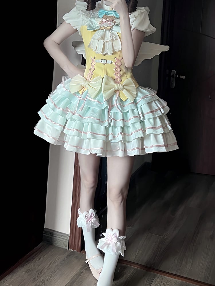Bear Angel Lolita Full Set: Short-Sleeve Top, Ruffle Skirt, Wings & Bow - Sweet Dream Box