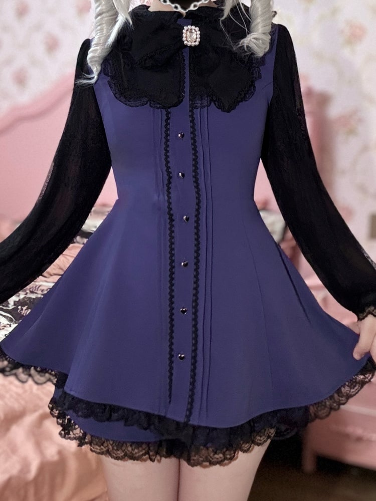 Matching Kei Jirai Heart Sleeve Buttons Dress Mini Style with - Purple Lace Shorts Black