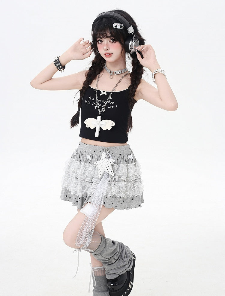 Rock Grau/Schwarz Elastische Taille Stern Applikationen Spitze Trim Tiered Strick Licht